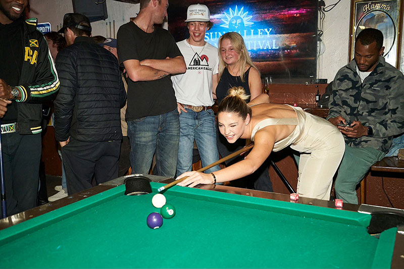 Madeline Cline playing pool at the Casino in Ketchum